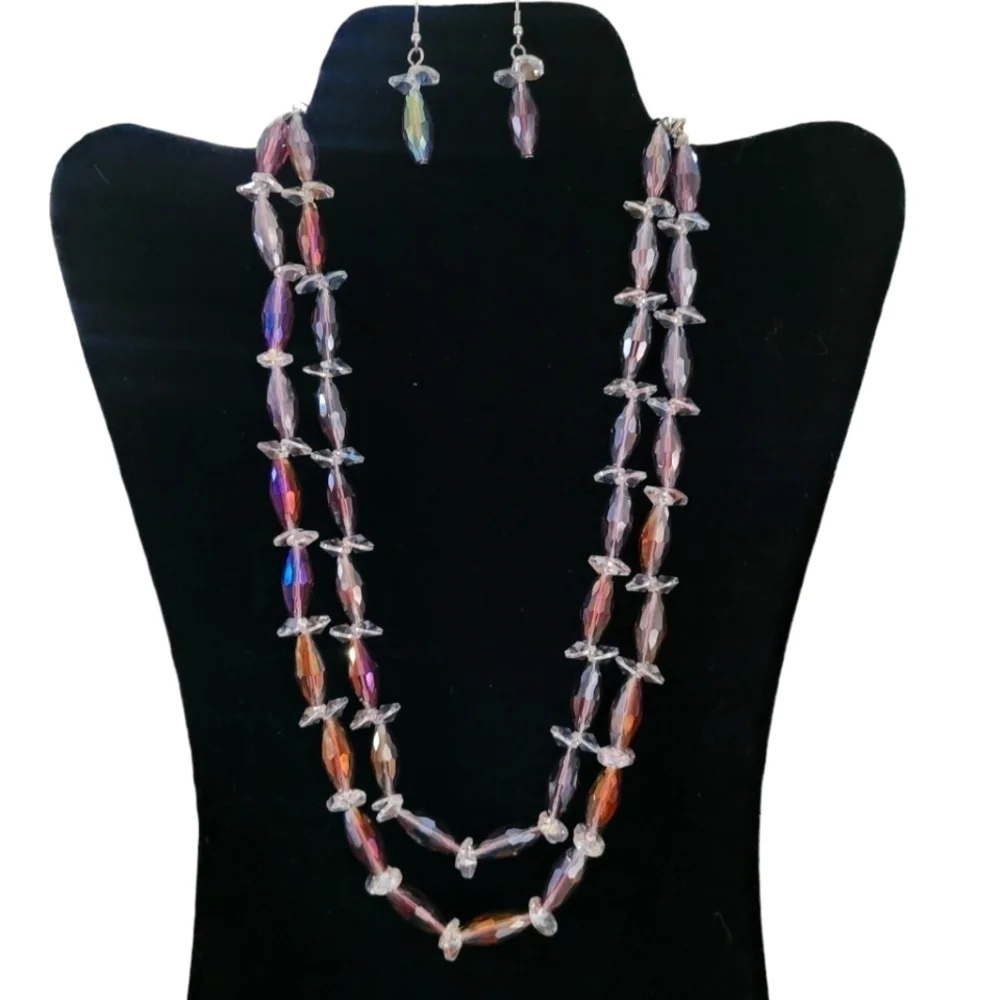 Vintage - Czech Aurora Borealis Cut Glass Two‎ Strand Necklace and Earring Set